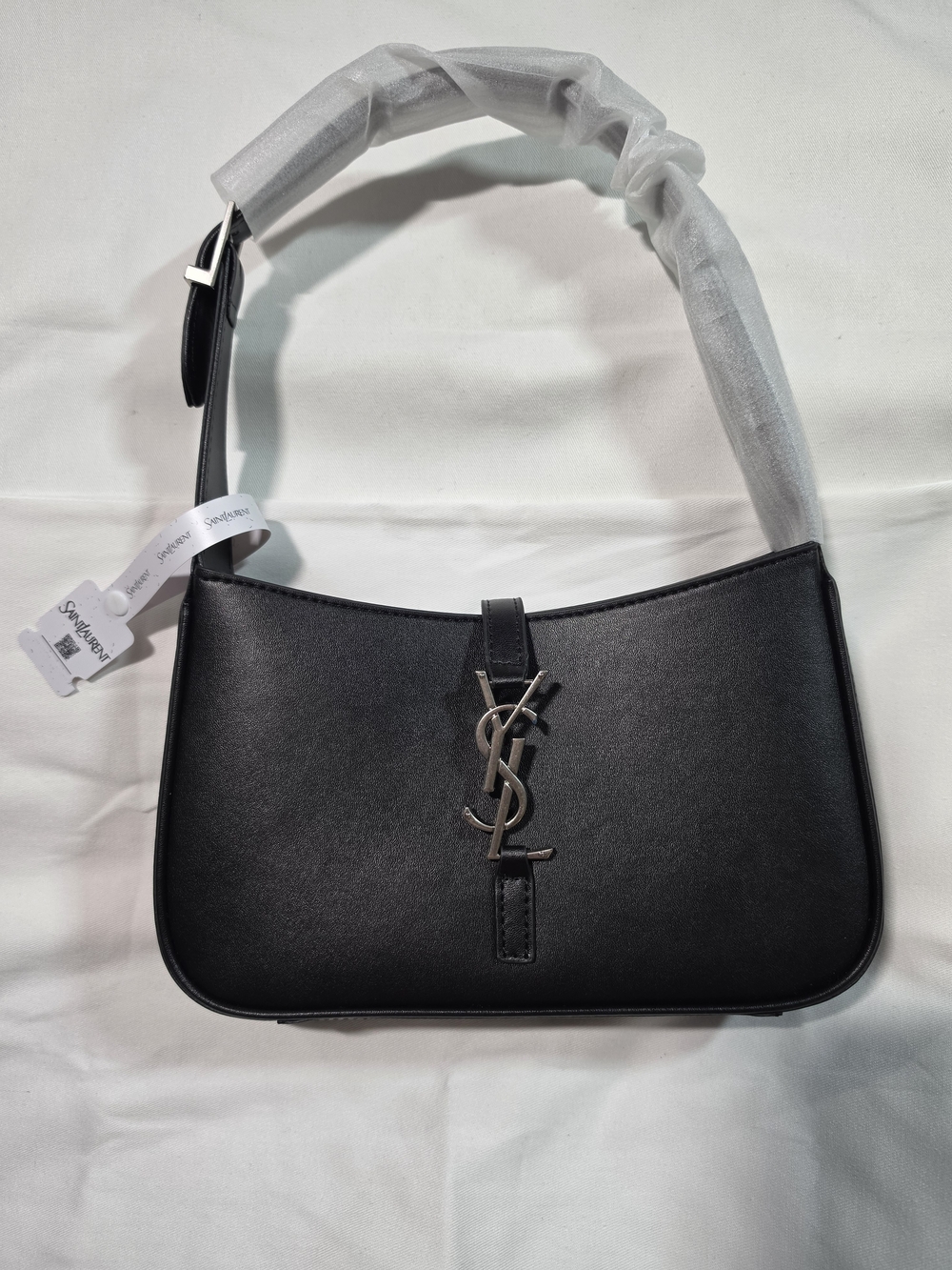 Black Leather Shoulder Bag with Silver Hardware